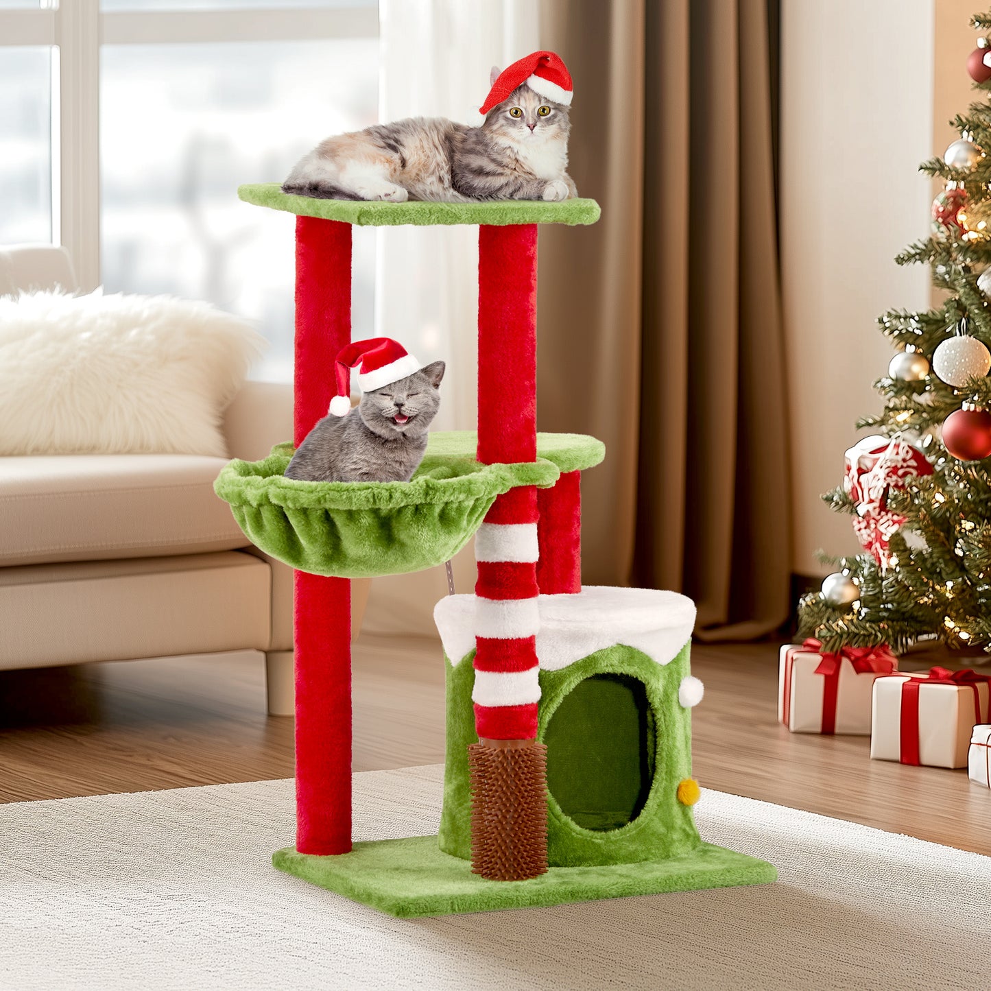 Holiday Cat Tower – Hammock, Condo & Scratcher Combo