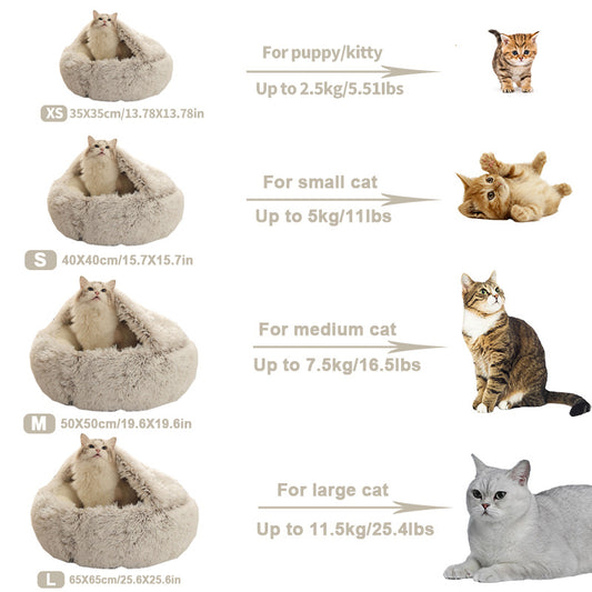 2 in 1 Round Warm Pet Bed House Polyester Cat Bed, Long Plush, Winter, with Sleeping Bag Sofa Cushion for Cat