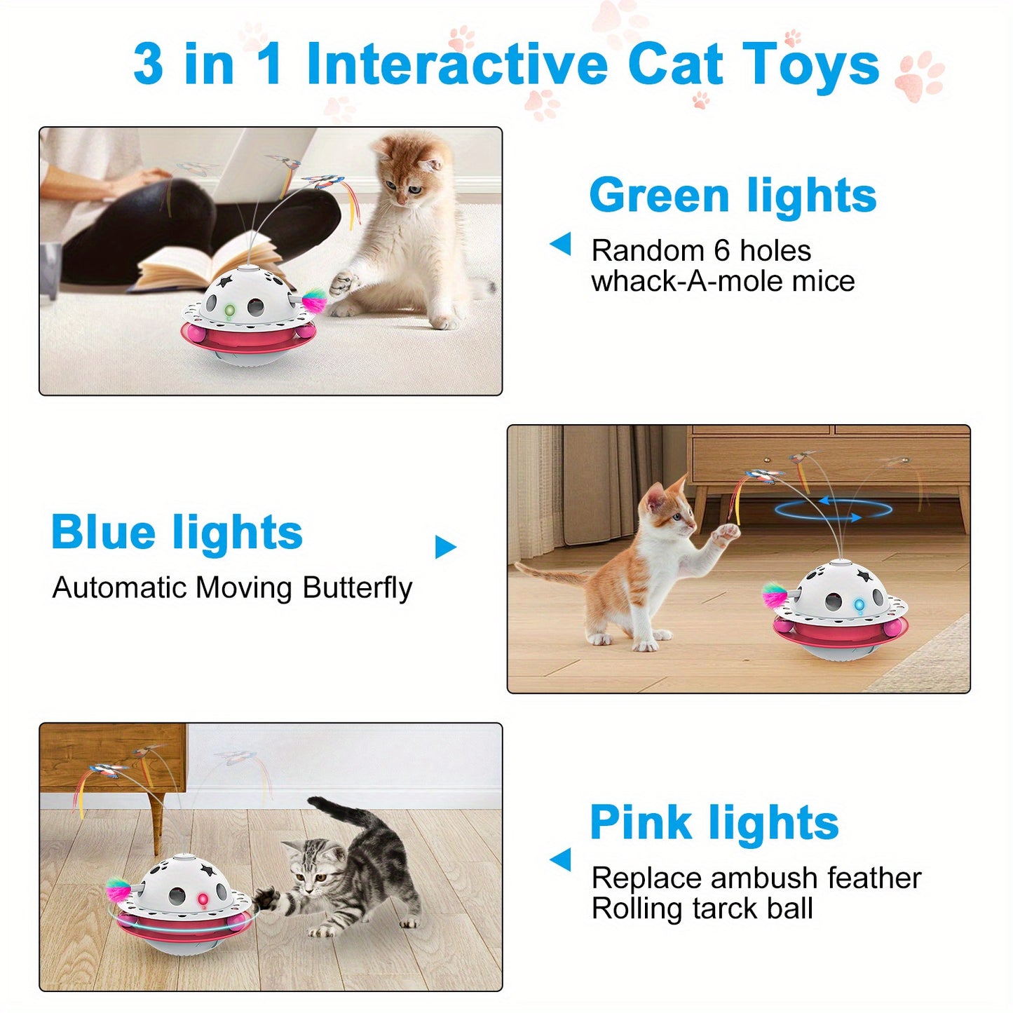 Cat Toys 3-in-1 Smart Interactive Electronic Kitten Toy Random Moving Feather Balls Indoor Exercise Cat Dog Pet Products, Shell Material, with 2 Replacing Fluttering Butterfly And Bring A Fun Surprise, Cat Toys for Indoor Cat