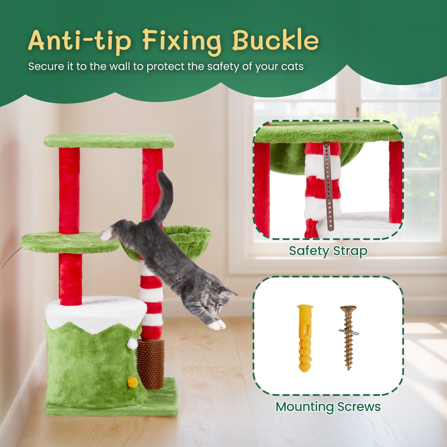 Holiday Cat Tower – Hammock, Condo & Scratcher Combo