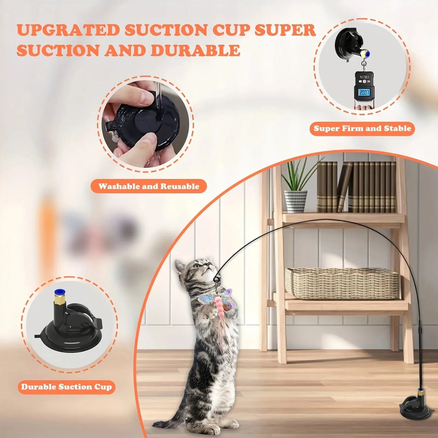Interactive Cat Teaser Wand – Feather & Bell Toy with Suction Cup Pole