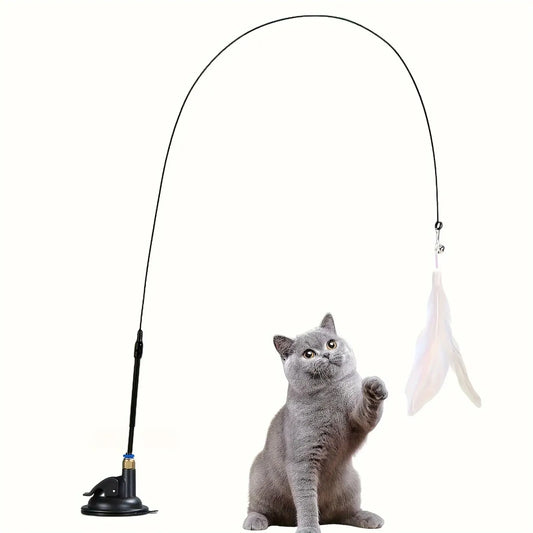 Interactive Cat Teaser Wand – Feather & Bell Toy with Suction Cup Pole
