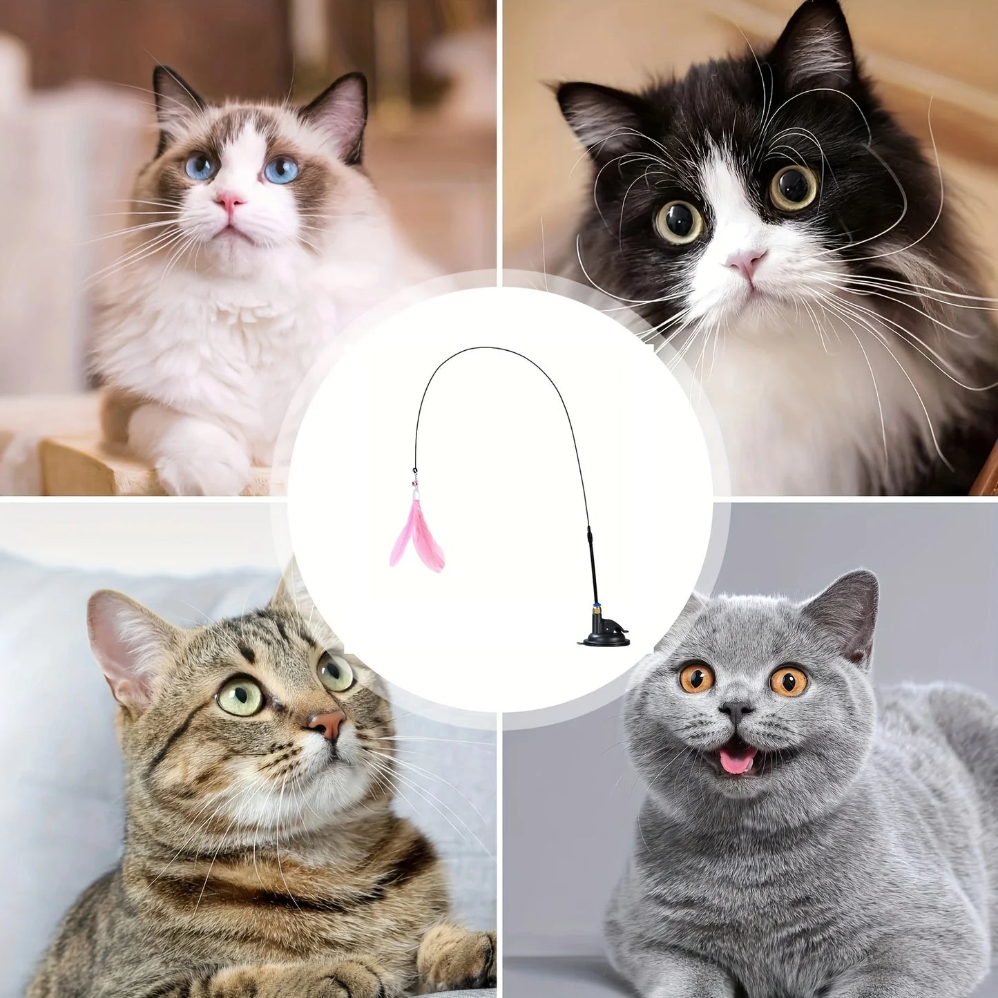 Interactive Cat Teaser Wand – Feather & Bell Toy with Suction Cup Pole