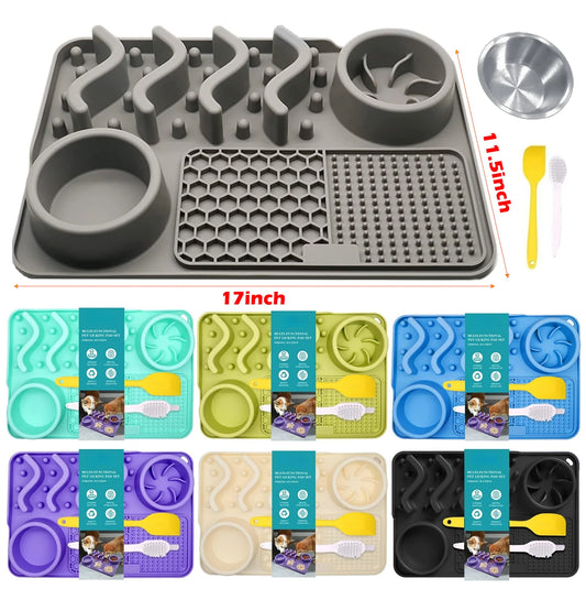 Slow Feeder Mat for Pets – Non-Toxic Silicone, Turquoise | Anxiety & Boredom Relief with Aluminum Bowl