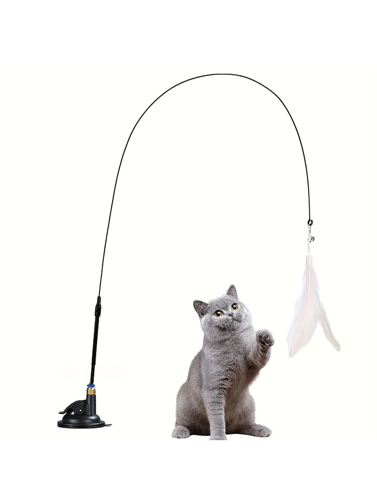 Interactive Cat Teaser Wand – Feather & Bell Toy with Suction Cup Pole