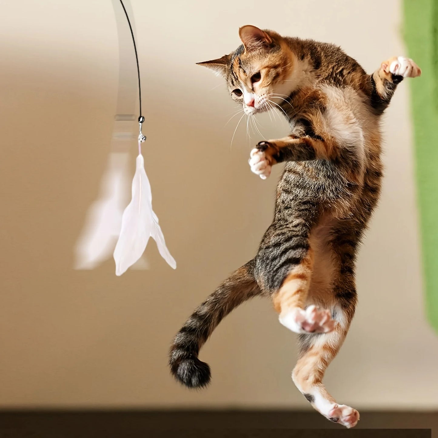 Interactive Cat Teaser Wand – Feather & Bell Toy with Suction Cup Pole