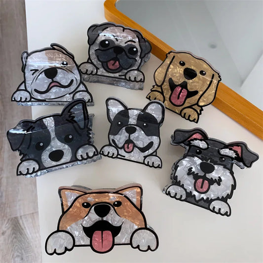 Cartoon Dog Printed Non-slip Ponytail Hair Clip Claw For Women Girls Personality Acrylic Animal Hairpin Accessories Gifts Tool