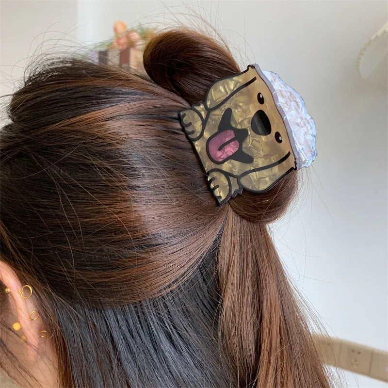 Cartoon Dog Printed Non-slip Ponytail Hair Clip Claw For Women Girls Personality Acrylic Animal Hairpin Accessories Gifts Tool