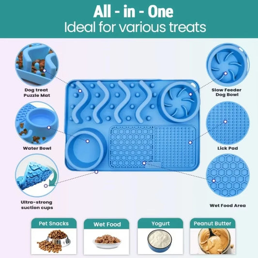 Slow Feeder Mat for Pets – Non-Toxic Silicone, Turquoise | Anxiety & Boredom Relief with Aluminum Bowl