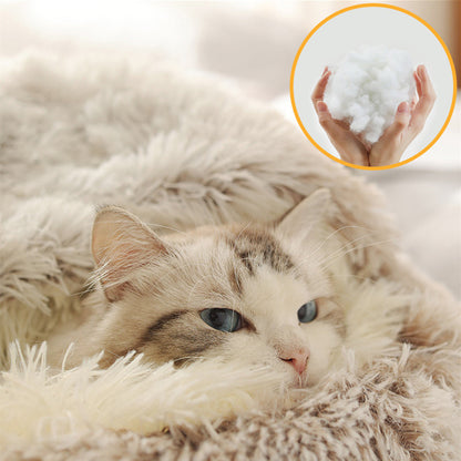 2 in 1 Round Warm Pet Bed House Polyester Cat Bed, Long Plush, Winter, with Sleeping Bag Sofa Cushion for Cat
