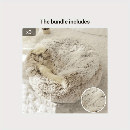 2 in 1 Round Warm Pet Bed House Polyester Cat Bed, Long Plush, Winter, with Sleeping Bag Sofa Cushion for Cat