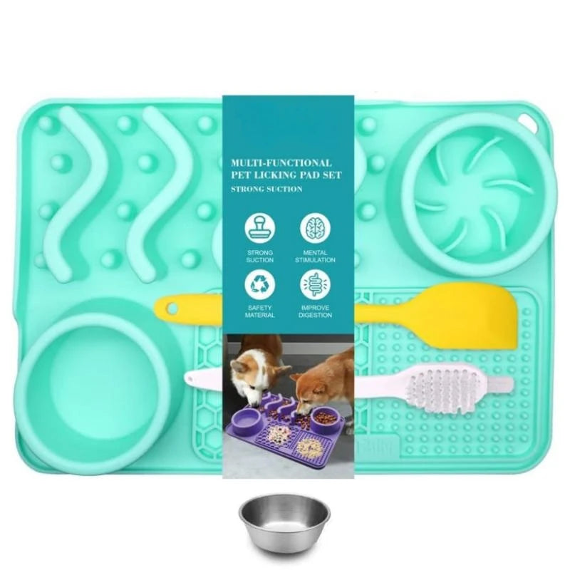 Slow Feeder Mat for Pets – Non-Toxic Silicone, Turquoise | Anxiety & Boredom Relief with Aluminum Bowl