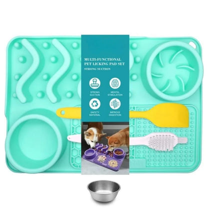 Slow Feeder Mat for Pets – Non-Toxic Silicone, Turquoise | Anxiety & Boredom Relief with Aluminum Bowl