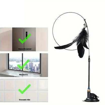 Interactive Cat Teaser Wand – Feather & Bell Toy with Suction Cup Pole