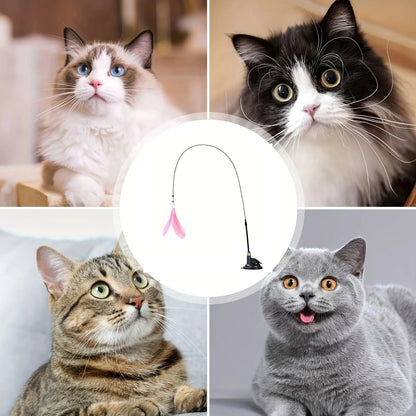 Interactive Cat Teaser Wand – Feather & Bell Toy with Suction Cup Pole