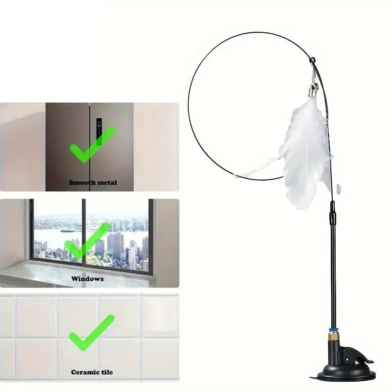 Interactive Cat Teaser Wand – Feather & Bell Toy with Suction Cup Pole