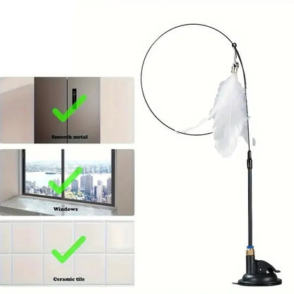 Interactive Cat Teaser Wand – Feather & Bell Toy with Suction Cup Pole