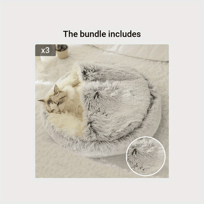 2 in 1 Round Warm Pet Bed House Polyester Cat Bed, Long Plush, Winter, with Sleeping Bag Sofa Cushion for Cat