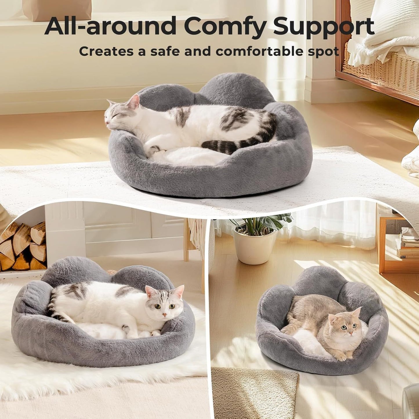 MEWOOFUN Cat and Dog Bed | Fluffy Washable, Indoor, Non Slip Bottom (Grey, Small Size 23)
